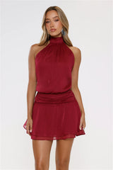 Flirty Halter Shimmer Mini Dress Wine