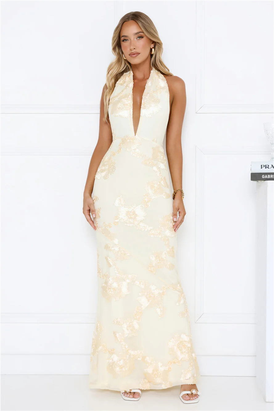Daydream Kiss Halter Mesh Maxi Dress Yellow