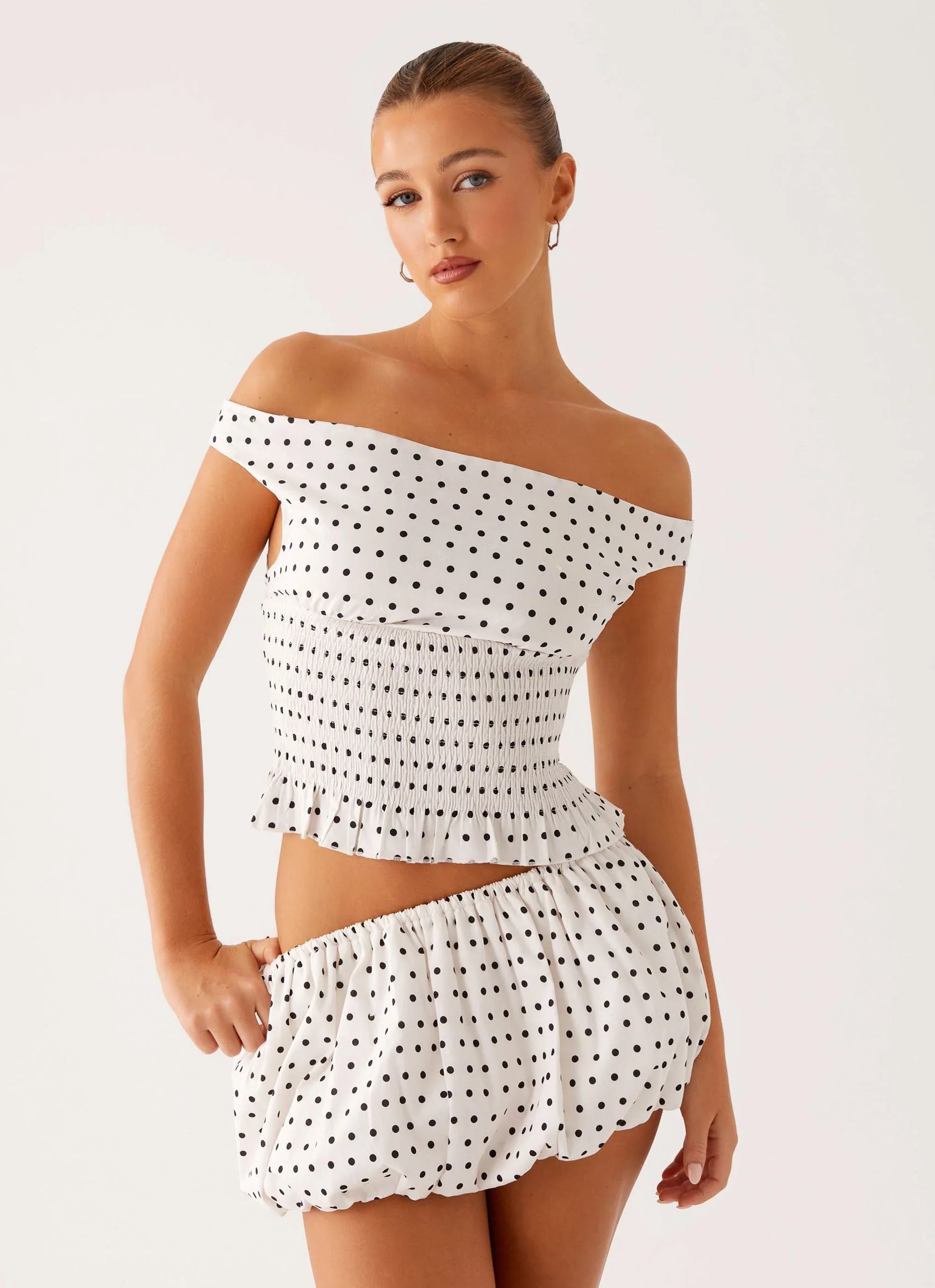 Heather Off Shoulder Top - White Black Polka Dot