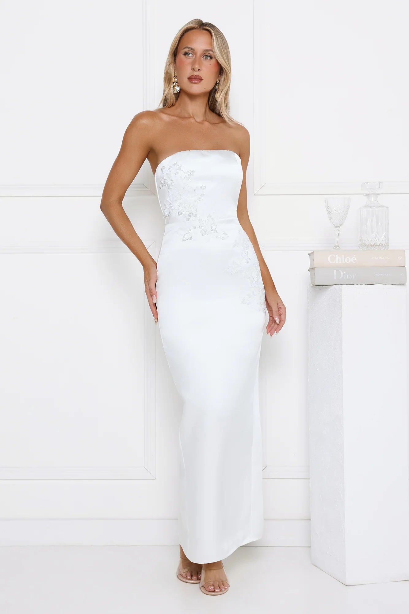 Dusk Desire Strapless Embellished Maxi Dress White
