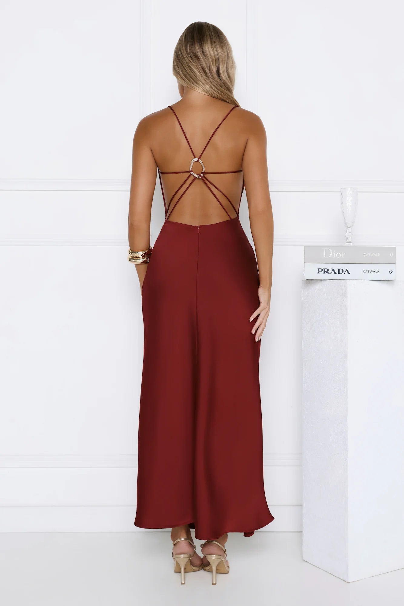 Sultry Satin Crisscross Back Midi Dress Burgundy