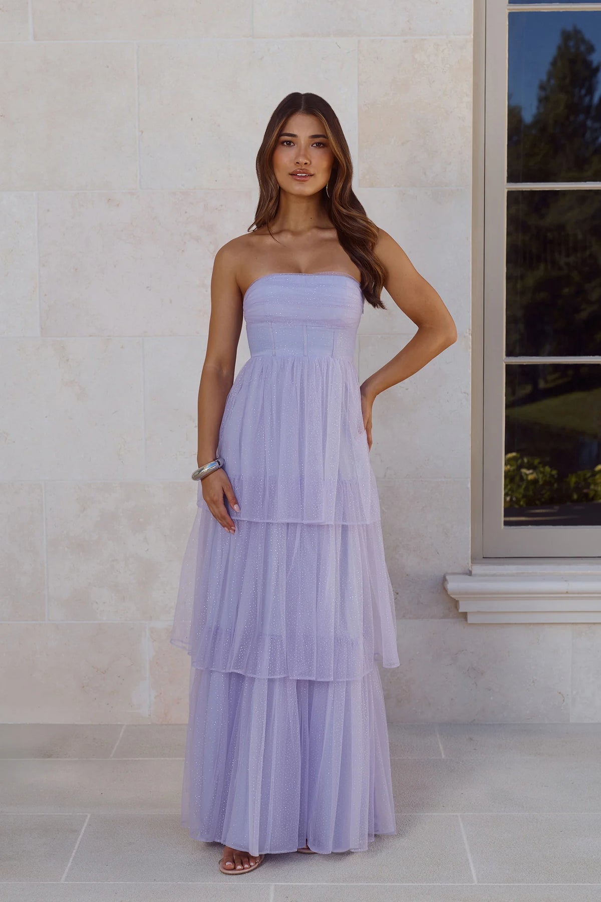 Premiere Glam Strapless Tulle Maxi Dress Lilac