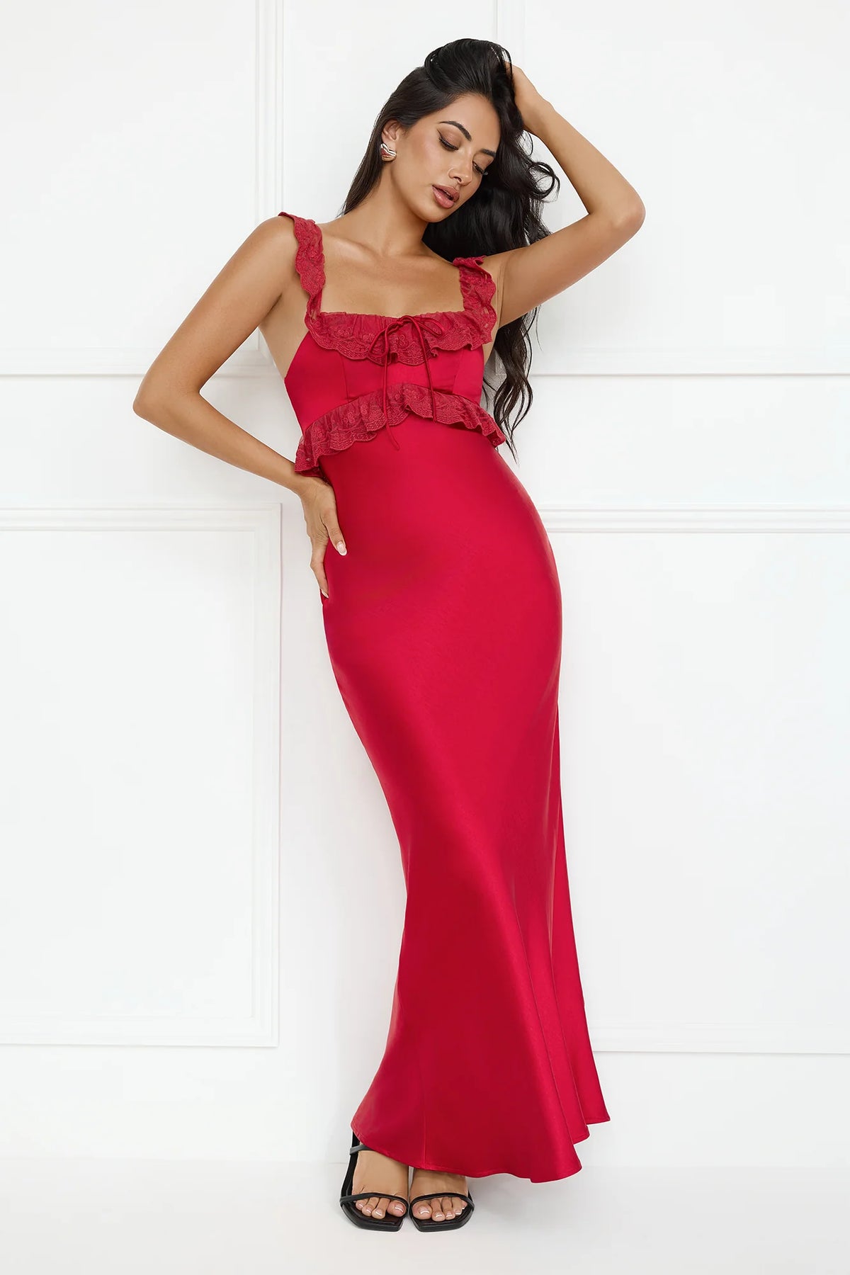 Waltzing In Romance Satin Maxi Dress Red