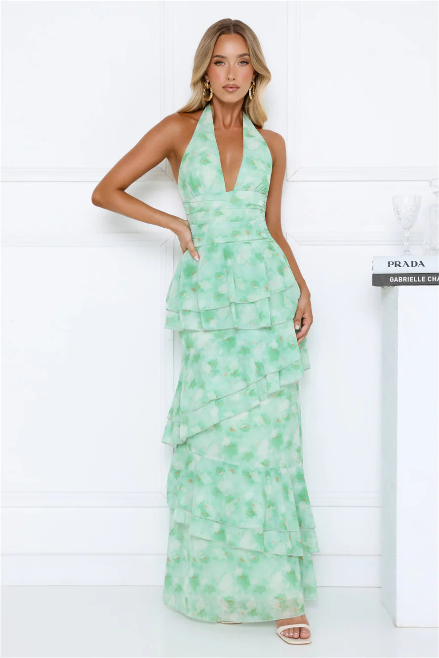 Summer Haze Floral Print Halter Maxi Dress Green