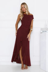 Effortless Story Off Shoulder Mesh Midi Dress Wine