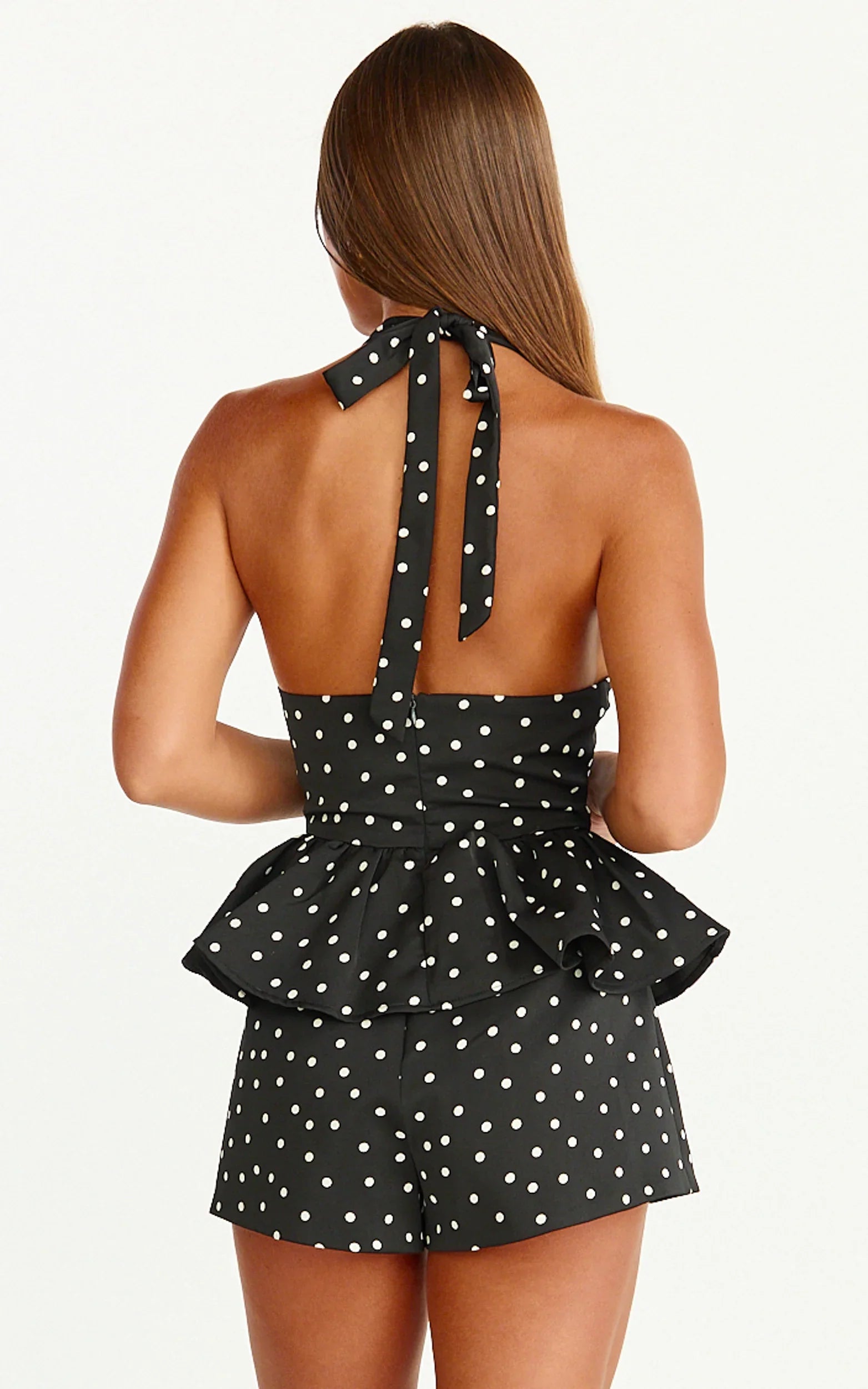 Seraphina Top - Polka Dot V Neck Peplum Top in Black Polka Dot Print