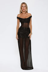 Radiance In The Dark Off Shoulder Sequin Maxi Dress Black